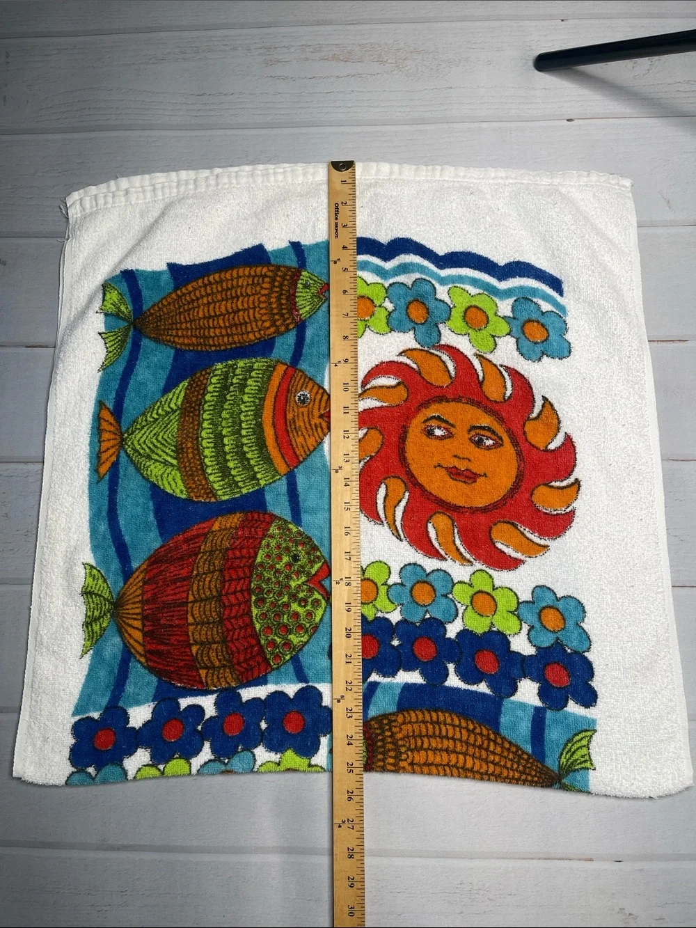 Vintage Beach Towel Pair St Thomas Fish Sun Flowers Celestial Ocean Set 90s 80s